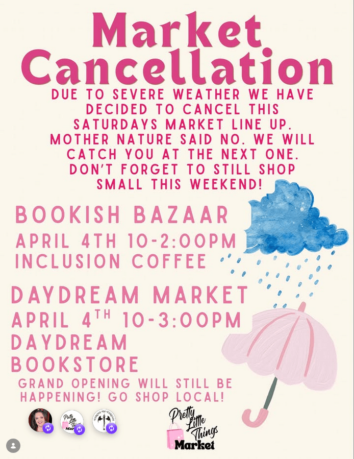 Bookish Bazaar Cancelled for April 4th! 